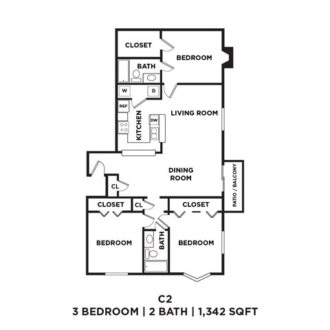 A black and white diagram of a 3 bedroom, 2 bathroom apartment.